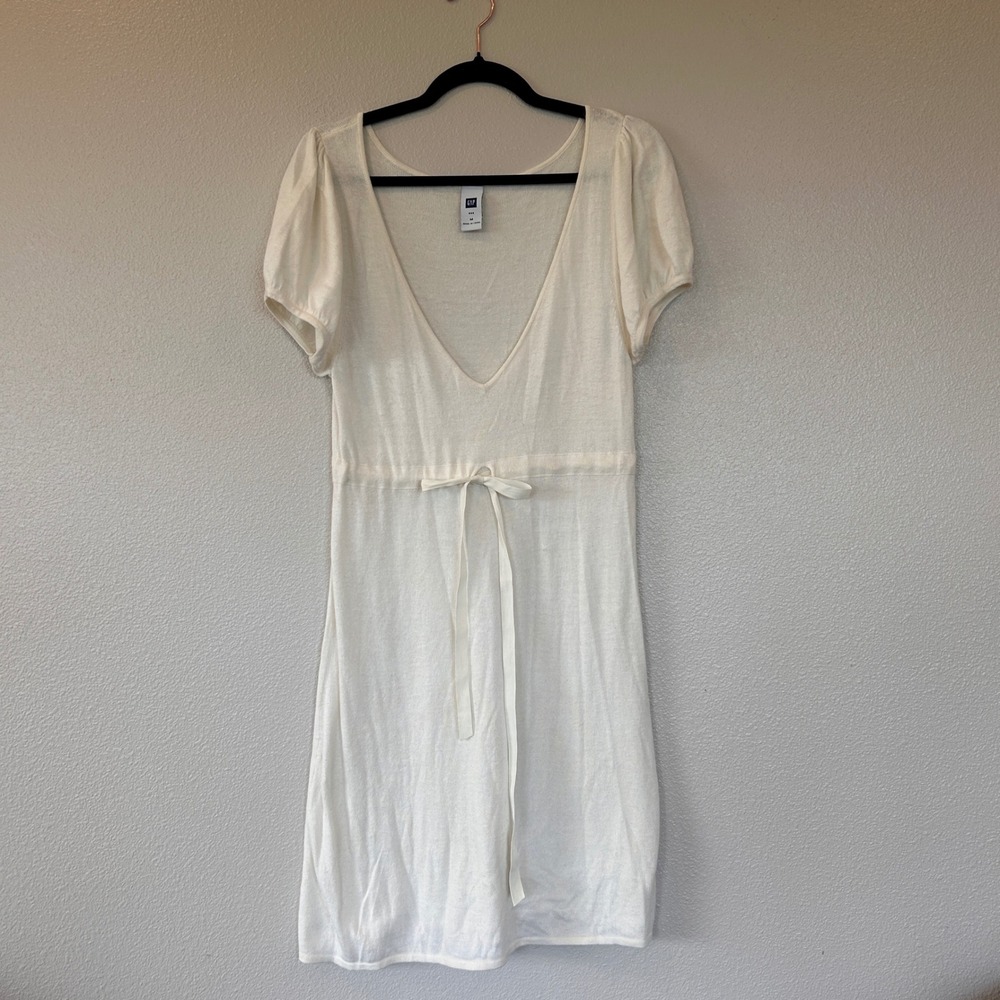 Gap Womens Cream Angora Blend Knit V-Neck Puff Sleeve Empire Waist Dress M